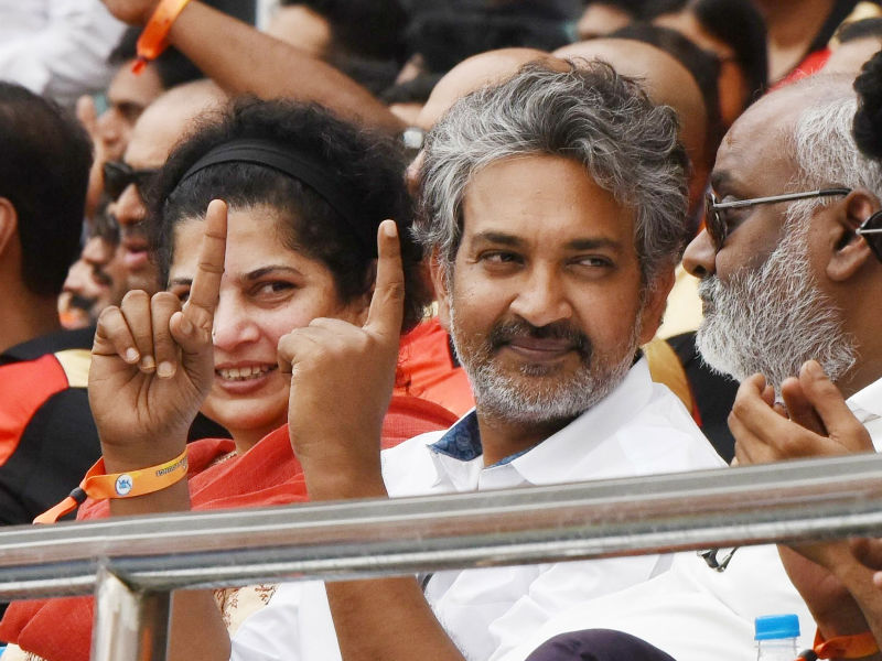 SS Rajamouli who was in the stadium with music director MM Keeravani cheered with claps as Rayudu was rocking. SRHvs CSK,Sunrisers Hyderabad,SS Rajamouli and Keeravani,SS Rajamouli,Keeravani,SS Rajamouli at IPL,SS Rajamouli during IPL,Baahubali director