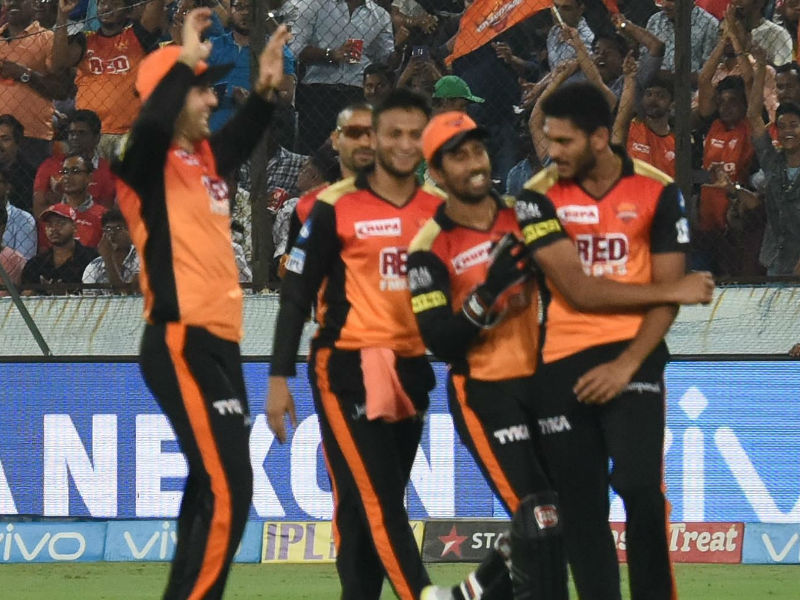 Nair departed soon after failing to read Rashid's googly which trapped him plumb in front even as Manoj Tiwary (1) was welcomed with a couple of fiery lbw appeals from the Afghan. Punjab's nightmare continued in the next over when Shakib packed back Aaron Finch (8) after being clobbered for a massive six on the previous ball. Medium pacer Sandeep Sharma added salt to Punjab's woes by packing Tiwary soon after as the visitors' chase derailed after losing six wickets in a span of just 37 runs. Skipper Ravichandran Ashwin (4), Andrew Tye (4) and Barinder Sran (2) could hardly offer any resistance as the home bowlers continued their stronghold. With the target gradually getting out of Punjab's hands, tailenders Mujeeb Ur Rahman (10 not out) and Ankit Rajpoot (8) got a few hits before Thampi uprooted Rajpoot's middle stick to take his team home. Rashid Khan,Shakib Al Hasan,Sunrisers Hyderabad,Kings XI Punjab,Sunrisers Hyderabad beats Kings XI Punjab,Indian Premier League,Indian Premier League 2018,IPL 2018,IPL pics,IPL images
