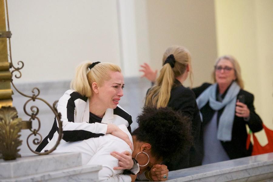 Bill Cosby accusers (L-R) Caroline Heldman, Lili Bernard and Victoria Valentino (R) react after the guilty on all counts verdict was delivered in the sexual assault retrial at the Montgomery County Courthouse in Norristown, Pennsylvania, U.S., April 26, 2018. Bill Cosby,actor Bill Cosby,Comedian Bill Cosby,sexual assault,Andrea Constand
