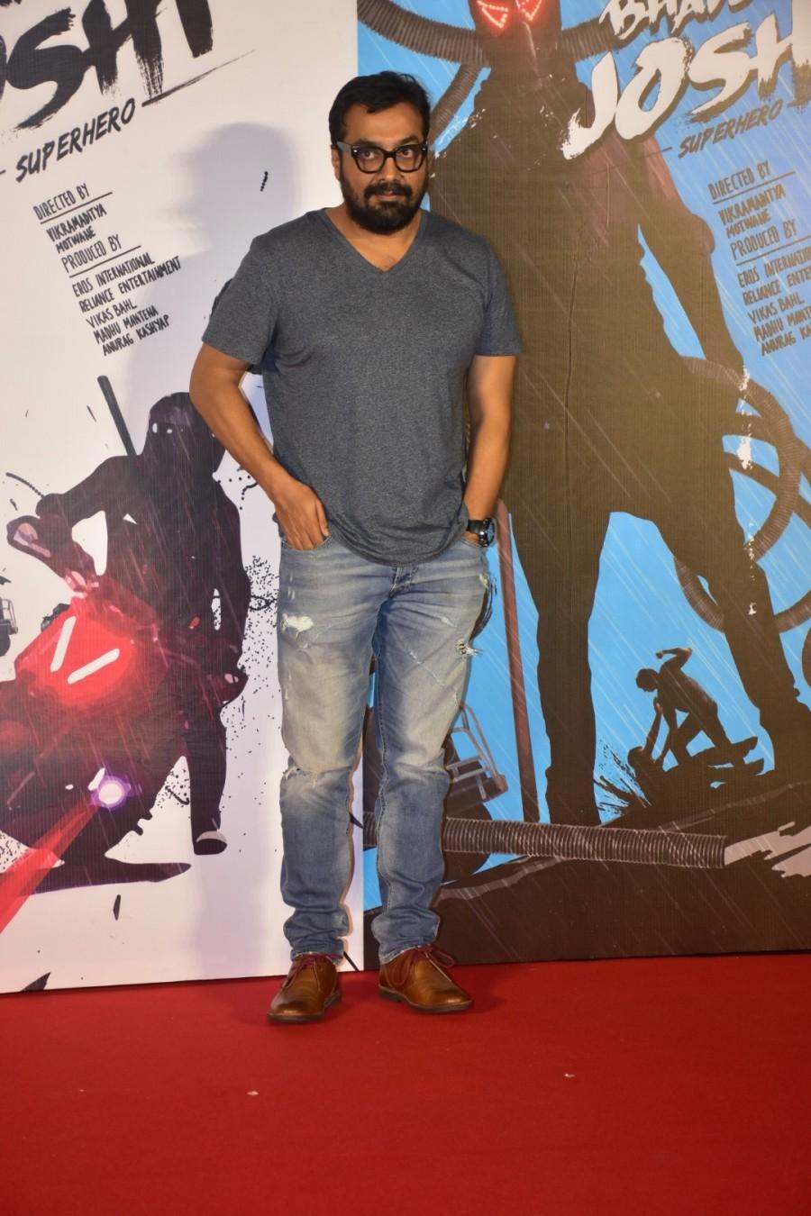 Anurag Kashyap poses for the cameras during Bhavesh Joshi Superhero trailer launch in Mumbai. Harshvardhan Kapoor,Anurag Kashyap,Vikramaditya Motwane,Bhavesh Joshi Superhero,Bhavesh Joshi Superhero trailer,Bhavesh Joshi Superhero trailer launch,Bhavesh Joshi Superhero trailer launch pics,Bhavesh Joshi Superhero trailer launch images,Bhavesh Joshi