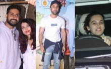 Ahead of its release, the makers of '102 Not' had organized a special screening of the upcoming comedy-drama film. The special screening was held last evening at Sunny Super Sound, Mumbai in the presence of various prominent personalities from the film industry. From Left to right Abhishek Bachchan, Aishwarya Rai, Ranbir Kapoor and Taapsee Pannu graced the event. Check out the above slideshow to see the photos of celebs like Divya Khosla Kumar, Goldie Behl, Ishaan Khatter, Jamnadas Majethia, Jimit Trivedi, Kartik Aaryan, Kunal Kapoor, Milap Zaveri, Neelima Azeem, R. Balki, Rajkumar Hirani, Sikandar Kher, Taran Adarsh, Umesh Shukla, Vidhu Vinod Chopra and others stars witnessed the special screening on Wednesday night.