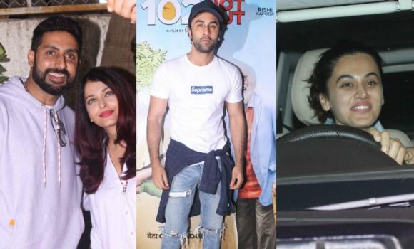 Ahead of its release, the makers of '102 Not' had organized a special screening of the upcoming comedy-drama film. The special screening was held last evening at Sunny Super Sound, Mumbai in the presence of various prominent personalities from the film industry. From Left to right Abhishek Bachchan, Aishwarya Rai, Ranbir Kapoor and Taapsee Pannu graced the event. Check out the above slideshow to see the photos of celebs like Divya Khosla Kumar, Goldie Behl, Ishaan Khatter, Jamnadas Majethia, Jimit Trivedi, Kartik Aaryan, Kunal Kapoor, Milap Zaveri, Neelima Azeem, R. Balki, Rajkumar Hirani, Sikandar Kher, Taran Adarsh, Umesh Shukla, Vidhu Vinod Chopra and others stars witnessed the special screening on Wednesday night.