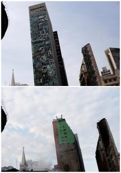 A 22-story abandoned office building occupied by hundreds of squatters was engulfed in flames and collapsed in the center of Sao Paulo, shooting a massive black cloud of smoke into the sky and red-hot chunks of debris into nearby structures. A combination photo shows (top) a building occupied by homeless families in Sao Paulo, Brazil, April 20 2017, and (bottom) the same area after the building caught fire and collapsed in Sao Paulo, Brazil, May 1, 2018.