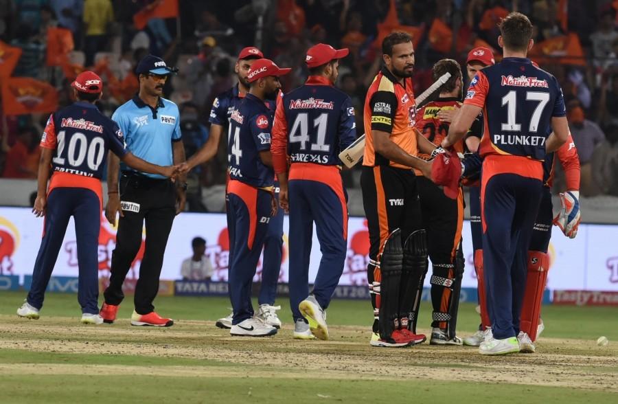 In the first innings at the Rajiv Gandhi International Stadium, Shaw and Iyer overcame a poor start to put together 86 runs for the second wicket after Delhi lost off-colour Glenn Maxwell cheaply. While Shaw's knock was laced with six boundaries and three sixes off 36 balls, Iyer faced 36 deliveries, hitting three fours and couple of sixes. Opting to bat, Delhi were off to a poor start as Maxwell (2) once again failed to contribute after being run out in the second over with Delhi's score being nine runs. Maxwell's dismissal saw Iyer joining in-form opener Shaw in the middle and the duo helped their side recover from the early jolt taking Delhi past the 50-run mark in 5.4 overs. Just when Delhi were inching closer to the triple digit score, young Afghanistan sensation Rashid Khan came with a much-needed breakthrough for the hosts. Sunrisers Hyderabad,Delhi Daredevils,Sunrisers Hyderabad beats Delhi Daredevils,Indian Premier League,Indian Premier League2018,IPL 2018,IPL 2018 pics,IPL 2018 images