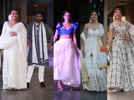 Actress Sonam Kapoor was elegance personified as she chose to be in sync with the 'shades of white' dress code for her sangeet ceremony here on Monday evening, a day before her wedding to Delhi-based businessman Anand Ahuja. Sonam wore a traditional dress that featured a heavily-embroidered gold blouse and ivory-gold lehena. She matched the dress with traditional jewellery -- jadau neckpiece, maang-tika and jhumkas. Her hair was neatly done up in a long braid and adorned with a white garland. The sangeet ceremony took place at the Sunteck Signature Island. Her cousins Janhvi and Khushi Kapoor, Anshula Kapoor, Arjun Kapoor, Mohit Marwah with wife Antara, uncle Sanjay Kapoor and Bonny Kapoor, friends like Jacqueline Fernandez, Masaba Gupta, Shilpa Shetty, Karan Johar, Rani Mukherji, veteran actress Rekha and designer Kumal Rawal were also present.