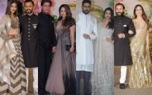 Sonam and Anand, looking dapper and totally in love, as they made their first official appearance as a couple before the media. The gala night, which went on till around 2 a.m. on Wednesday, saw Bollywood's who's who in attendance. From Bollywood, Rekha, Abhishek Bachchan, Aishwarya Rai Bachchan, Shatrughan Sinha and family, Satish Kaushik, Javed Akhtar, Rani Mukerji, Shahid Kapoor, Mira Rajput, Kareena Kapoor Khan, Karisma Kapoor, Akshay Kumar, Twinkle Khanna, Kangana Ranaut, Jacqueline Fernandez, Sidharth Malhotra, Rishi Kapoor, Swara Bhasker, Madhuri Dixit, Kajol, Alia Bhatt, Ranbir Kapoor, Sanjay Leela Bhansali, Shilpa Shettty, Suniel Shetty, were in attendance. Priyanka Chopra and Anushka Sharma, who could not attend the wedding, sent in congratulatory messages on Twitter.