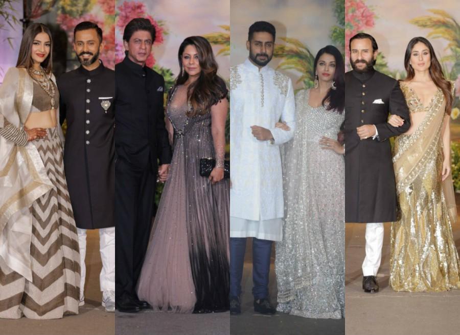 Sonam and Anand, looking dapper and totally in love, as they made their first official appearance as a couple before the media. The gala night, which went on till around 2 a.m. on Wednesday, saw Bollywood's who's who in attendance. From Bollywood, Rekha, Abhishek Bachchan, Aishwarya Rai Bachchan, Shatrughan Sinha and family, Satish Kaushik, Javed Akhtar, Rani Mukerji, Shahid Kapoor, Mira Rajput, Kareena Kapoor Khan, Karisma Kapoor, Akshay Kumar, Twinkle Khanna, Kangana Ranaut, Jacqueline Fernandez, Sidharth Malhotra, Rishi Kapoor, Swara Bhasker, Madhuri Dixit, Kajol, Alia Bhatt, Ranbir Kapoor, Sanjay Leela Bhansali, Shilpa Shettty, Suniel Shetty, were in attendance. Priyanka Chopra and Anushka Sharma, who could not attend the wedding, sent in congratulatory messages on Twitter. Sonam Kapoor,Sonam Kapoor and Anand Ahuja,Sonam Kapoor and Anand Ahuja wedding reception,Sonam Kapoor and Anand Ahuja wedding reception pics,Sonam Kapoor wedding reception,Sonam Kapoor wedding reception pics