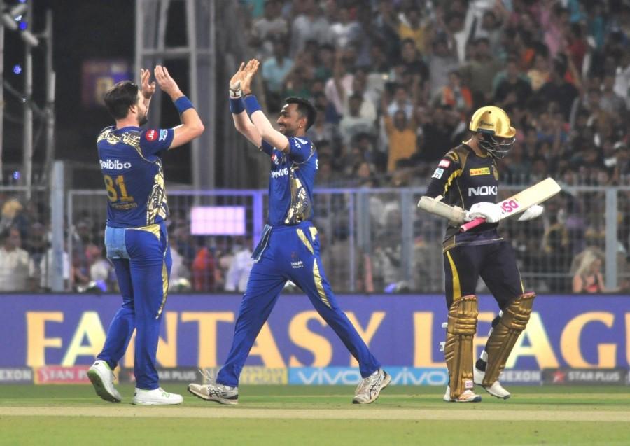 In the end, Ben Cutting's 9-ball 24 took MI past 200 as the last over went for 22 runs off Piyush Chawla (3/48). Openers Evin Lewis and Suryakumar Yadav gave MI a decent start. Lewis was dropped by Kuldeep Yadav running backwards from square leg off Prasidh Krishna (1/41) when he was batting on 16. But the 26-year-old Trinidadian could not make the most of the reprieve, getting out in strange fashion trying to pull a loose Chawla delivery with the ball ballooning off the back of his bat to short third man where Chris Lynn took an easy catch. Mumbai Indians,Mumbai Indians beats Kolkata Knight Riders,MI beats KKR,Ishan Kishan,Indian Premier League,Indian Premier League 2018,IPL 2018,IPL 2018 pics,IPL 2018 images