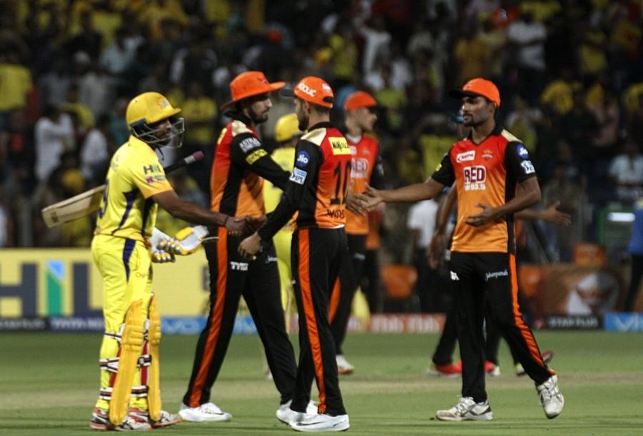 Chennai Super Kings rode on opener Ambati Rayudu (100 not out) and Shane Watson (57) heroics to hammer Sunrisers Hyderabad by eight wickets here on Sunday and maintain their second spot in the Indian Premier League (IPL). Following the win at the Maharashtra Cricket Association Stadium, Chennai are virtually through to the play-offs with 16 points. In pursuit of Hyderabad's 179/4, it was the Chennai openers who gave their side a flying start, forging a match-winning 134-run partnership. Rayudu meanwhile, also slammed his maiden IPL ton facing 62 deliveries, smashing seven fours and as many hits into the stands. On the other hand, Watson's knock off 35 balls contained five boundaries and three sixes. Chennai started the proceedings straightway as the openers gathered 28 runs in the first three overs. Ambati Rayudu,Shane Watson,MS Dhoni,Sunrisers Hyderabad,Chennai Super Kings,Chennai Super Kings beats Sunrisers Hyderabad,CSK,CSK beats SRH,Indian Premier League,Indian Premier League pics,IPL 2018