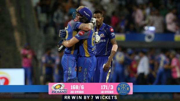 English batsman Jos Buttler continued his red-hot form with a 94 not out as Rajasthan Royals thumped Mumbai Indians by seven wickets here on Sunday to boost their chance of qualifying for the Indian Premier League (IPL) play-offs. After Mumbai posted 168/6, thanks to opening batsmen Suryakumar Yadav (60) and Evin Lewis, Buttler registered his fifth consecutive fifty, which contained five sixes and nine fours, to guide his team to seven-wicket victory with two overs to spare. The loss left three-time champions Mumbai stranded at 10 points from 12 games, while Rajasthan took their tally to 12 after 12 games. The Jaipur-based outfit needs to win its remaining two games to qualify for the play-offs, while Mumbai's fate is not in their hands and will have to depend on the performances of other teams.