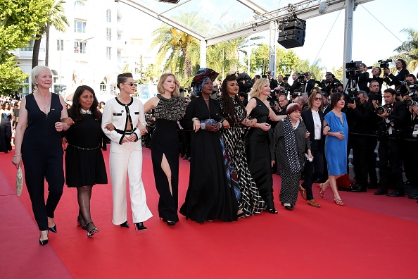 (From second left) Haifaa al-Mansour, Kirsten Stewart, Lea Seydoux, Khadja Nin, Ava DuVernay, Cate Blanchett, Agnes Varda and guests walk the red carpet in protest of the lack of female filmmakers honored throughout the history of the festival at the screening of 'Girls Of The Sun (Les Filles Du Soleil)' during the 71st annual Cannes Film Festival at the Palais des Festivals on May 12, 2018 in Cannes, France. Only 82 films in competition in the official selection have been directed by women since the inception of the Cannes Film Festival whereas 1,645 films in the past 71 years have been directed by men. Cannes 2018,Cannes Film Festival,Cannes film festival 2018,protest at Cannes,Cannes protest,Cannes protest pics,Cannes protest images