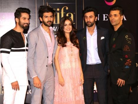Actors Shahid Kapoor, Kartik Aaryan, Dia Mirza, Ranbir Kapoor and filmmaker Karan Johar during a press conference of the 19th Edition of IIFA Weekend and Awards 2018 in New Delhi on May 17, 2018. The International Indian Film and Academy (IIFA) Weekend and Awards will next month return to Bangkok after a decade for its 19th edition, which promises not just Bollywood's glitz and glamour but support to environmental causes and cinema memorabilia too. The gala will be held June 22-24 at the Siam Niramit Theatre, which is adorned by Thailand's heritage, art and culture and hosts the country's most-popular theatre production. The main awards gala on the last day will be hosted by the inimitable Riteish Deshmukh and Karan Johar, both known for their quick wit. Among the performers will be stars like Ranbir Kapoor and Shahid Kapoor.