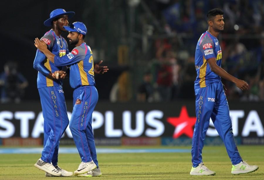 Electing to bat after winning the toss, Rajasthan's experiment to open with Jofra Archer backfired as the 23-year-old was dismissed for a duck by Umesh before Rahane and Tripathi resurrected the innings with a 99-run second wicket stand. Umesh, however returned to break the partnership with the key wicket of Rahane trapped plumb in front before getting rid of rookie Sanju Samson (0) immediately. Rajastan beat Bangalore,Rajasthan Royals,Royal Challengers Bangalore,Indian Premier League,Indian Premier League 2018,IPL 2018,IPL 2018 pics,Virat Kohli