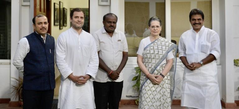 JD-S leader and Karnataka Chief Minister-designate H.D. Kumaraswamy on Monday met Congress President Rahul Gandhi and UPA Chairperson Sonia Gandhi to discuss ministerial berth sharing between the coalition partners ahead of his swearing-in ceremony on Wednesday. The details of the meeting were not divulged but the sources said the Congress demanded two posts for Deputy Chief Ministers -- one for a Dalit and the other for a Lingayat, 12 for ministers and one for the Speaker. However, Kumaraswamy said the matter will be finalised when the two sides sit together on Tuesday in Bengaluru. The Congress has authorised its General Secretary incharge of Karnataka K.C. Venugopal to discuss the matter with local Congress leadership, including former Chief Minister Siddaramaiah. He will also discuss the issue with the Janata Dal-Secular (JD-S) leadership. 