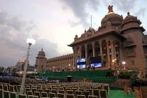 Preparations for swearing in ceremony of Karnataka Chief Minister-designate H. D. Kumaraswamy underway at Vidhan Soudha in Bengaluru. Governor Vajubjai Vala invited the 58-year-old JD-S legislative party leader on Saturday to form the coalition government after the fall of the three-day BJP government led by Chief Minister B.S. Yeddyurappa, who resigned even before the trust vote was conducted since his party was seven MLAs short of the halfway mark to prove simple majority in a house of 222 members. The Janata Dal-Secular (JD-S) leader HD Kumaraswamy will take oath at 4.30 p.m. on Wednesday in front of the Secretariat (Vidhan Soudha) in the presence of Sonia Gandhi, Rahul Gandhi, and Delhi and Kerala Chief Ministers Arvind Kejriwal and Pinarayi Vijayan respectively.