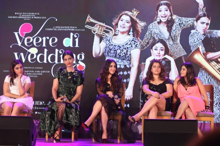 Veere Di Wedding is said to be a coming of age story revolving around four friends. The female buddy comedy also stars Kareena Kapoor Khan, Swara Bhasker and Shikha Talsania. Directed by Shashanka Ghosh and produced by Rhea Kapoor, Nikhil Dwivedi, Ekta Kapoor and Shobha Kapoor under the Balaji Motion Pictures, Anil Kapoor Films & Communication Network and Saffron Broadcast & Media Ltd banner. The film is scheduled for a worldwide release on June 1st, 2018. Recently the makers have made grand arrangements for its music release at Sun-n-Sand hotel in Juhu, Mumbai on May 22, 2018. Celebs like Sonam Kapoor Ahuja, Kareena Kapoor Khan, Shikha Talsania, producer Ekta Kapoor and others graced the event. Sonam Kapoor Ahuja,Kareena Kapoor Khan,Shikha Talsania,Veere Di Wedding,Veere Di Wedding music launch,Veere Di Wedding music launch pics,Veere Di Wedding music launch images