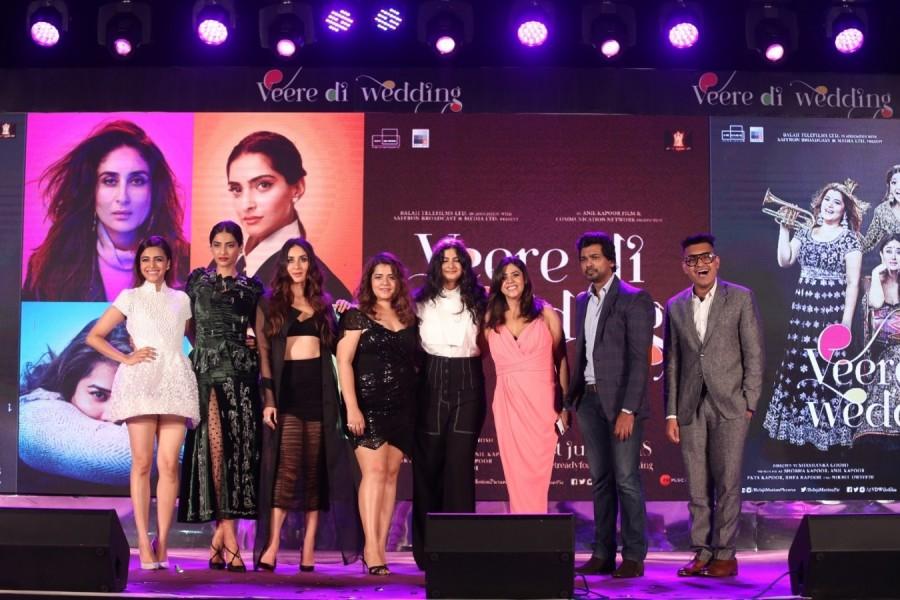Actresses Swara Bhasker, Sonam Kapoor Ahuja, Kareena Kapoor Khan, Shikha Talsania, Nikhil Dwivedi, producers Rhea kapoor and Ekta Kapoor at the music launch of their upcoming film "Veere Di Wedding" in Mumbai on May 22, 2018. Sonam Kapoor Ahuja,Kareena Kapoor Khan,Shikha Talsania,Veere Di Wedding,Veere Di Wedding music launch,Veere Di Wedding music launch pics,Veere Di Wedding music launch images