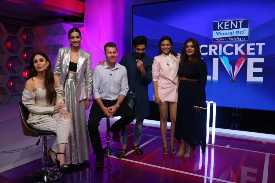 Kareena Kapoor Khan, Sonam Kapoor, Brett Lee, Aparshakti Khurana, Swara Bhaskar and Shikha Talsania at Kent Cricket Live on Star Sports Network. Kareena Kapoor Khan,Sonam Kapoor,Swara Bhaskar,Shikha Talsania,Kent Cricket Live,Brett Lee,Darren Sammy,Veere Di Wedding,veere di wedding actress