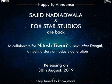 The Blockbuster track record of the trio makes for an exciting collaboration. While Sajid Nadiadwala and Fox Star Studios are known to deliver commercial extravaganzas, Nitesh Tiwari's last outing Dangal showcased an underdog story emerging from the heartland of India. After bringing to celluloid a story that struck chords universally, Nitesh Tiwari has collaborated with Sajid Nadiadwala and Fox Star Studios for a riveting story about the generation of today. Sajid Nadiadwala's Nadiadwala Grandson Entertainment took to Twitter to announce, 