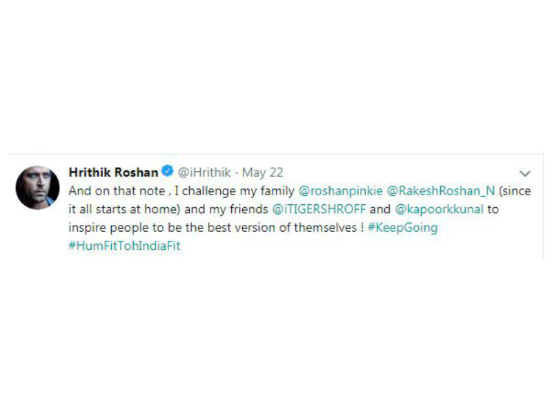 Hrithik Roshan who recently shared an inspiring video about his fitness secret urges his parents Pinki and Rakesh Roshan as well as friends, Tiger Shroff and Kunal Kapoor to take up the fitness challenge. Known to be one of the fittest actors in Bollywood, Hrithik Roshan has time and again amazed the audience with his incredible physique and fitness regime. Recently, undertaking a challenge by Rajyavardhan Rathore, Hrithik Roshan shared a video revealing his daily commute to the office. After creating a stir across the internet, Hrithik Roshan has now challenged his family and friends to take up the challenge. Hrithik tweeted saying, "And on that note , I challenge my family @roshanpinkie @RakeshRoshan_N (since it all starts at home) and my friends @iTIGERSHROFF and @kapoorkkunal to inspire people to be the best version of themselves ! #KeepGoing #HumFitTohIndiaFit". Hrithik Roshan,actor Hrithik Roshan,fitness challenge,Hrithik Roshan fitness challenge,fitness challenge video,fitness challenge pics,fitness challenge images,Tiger Shroff,Rakesh Roshan,Kunal Kapoor