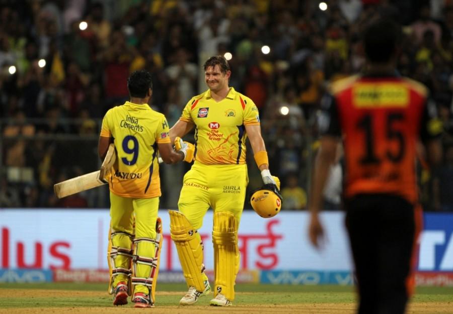 Soon the duo helped their team get past the 100-run mark in the 12th over and just after that Watson, who was looking at his best, hammered Sandeep to 27 runs in his final over. Trying to join the party, Raina miscued while trying to pull a short ball from Carlos Brathwaite knicked his gloves which landed in wicketkeeeper's hand. The southpaw's 24-ball knock was laced with three boundaries and one six. The fall of wicket brought in Ambati Rayudu (16 not out) who followed the same strategy of giving the strike to Watson. Soon, the Australian slammed his second century of the season off just 51 deliveries through a single off Rashid Khan. With Chennai needing 21 runs in 20 balls, the duo kept on playing freely and overhauled the target with ease to become the only team to beat a side four times in a single season. For Hyderabad, Carlos Brathwaite and Sharma took one wicket each. Shane Watson,Shane Watson ton,Shane Watson 100,CSK,CSK beats SRH,Chennai Super Kings,IPL 2018 final pics,IPL 2018 final images,IPL 2018 final stills,IPL 2018 final pictures
