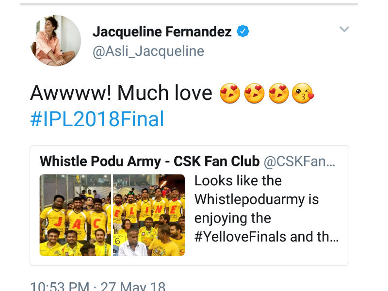 The sweet gesture was noticed by Jacqueline, who took to social media sharing love back to her fans, the actress wrote, "Awwww! Much love #IPL2018Final". Chennai Super Kings,CSK,Jacqueline Fernandez,Race 3 actress,Race 3,Bollywood actress Jacqueline Fernandez,IPL 2018 Final