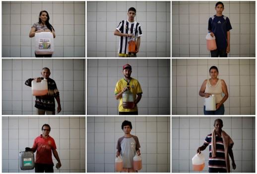 A combo shows people posing with a canisters with gasoline after filling it at a gas station in the outskirts of Brasilia, Brazil May 29, 2018. (Top L-R) Vieira bought gasoline to take her pregnant sister to the hospital, Henrique bought gasoline for his father who needed to go to hospital, Moraes bought gasoline for his family's car. (Center L-R) Francisco bought gasoline for his private motorcycle, Machado bought gasoline to drive to the hospital and get medicine, Dos Santos bought gasoline for her private car. (Bottom L-R) Miranda bought gasoline for a sick friend, Silva bought gasoline for his father's car and Rodrigues bought gasoline for a sick elderly woman.