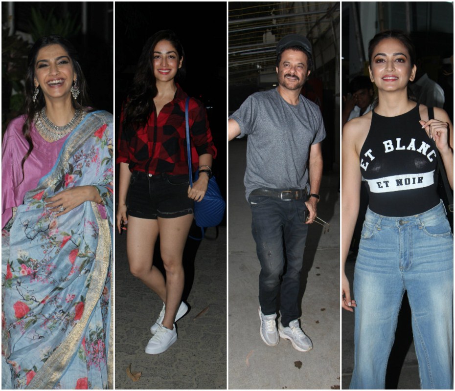 Bollywood movie Bhavesh Joshi Superhero witness a bucket full of stars at the special screening which held last evening at Sunny Super Sound in Juhu, Mumbai. The makers held a screening of Bhavesh Joshi Superhero for close friends and family members in the city. From Left to right Sonam K Ahuja, Yami Gautam, Anil Kapoor and Kriti Kharbanda graced the event. Check out the above slideshow to see the photos of celebs like Antara Motiwala, Mohit Marwah, Harshvardhan Kapoor, Ishaan Khatter, Jahaan Kapoor, Maheep Sandhu, Janhvi Kapoor, Khushi Kapoor, Mandana Karimi, Nawazuddin Siddiqui, Rajkummar Rao, Patralekha, Rhea Chakraborty, Siddhanth Kapoor, Anand Ahuja and others who were also seen at the special screening. Sonam K Ahuja,Yami Gautam,Janhvi Kapoor,Khushi Kapoor,Kriti Kharbanda,Nawazuddin Siddiqui,Anil Kapoor,Harshvardhan Kapoor,Bhavesh Joshi Superhero special screening,Bhavesh Joshi Superhero,Bhavesh Joshi Superhero special screening pics,Bhavesh Joshi Superh