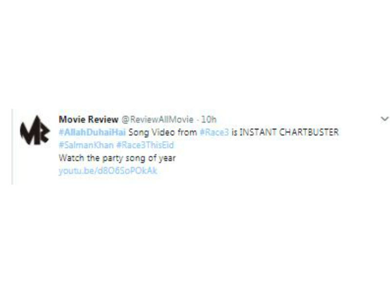 Movie review tweeted, "#AllahDuhaiHai Song Video from #Race3 is INSTANT CHARTBUSTER #SalmanKhan #Race3ThisEid Watch the party song of year". Salman Khan,Race 3,Race 3 anthem song,Allah Duhai Hai,Allah Duhai Hai song,Allah Duhai Hai dance,Race 3 songs,Race 3 song