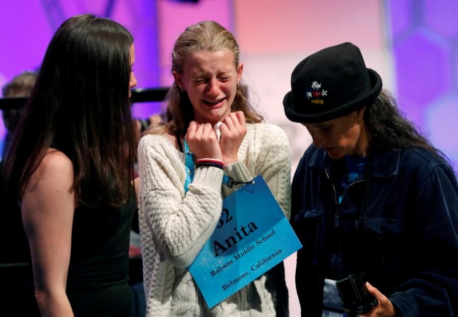 Anita Beroza of Belmont, CA, cries after she was eliminated from the Scripps National Spelling Bee at National Harbor in Maryland, U.S. May 30, 2018. Karthik Nemmani,Karthik Nemmani wins National Spelling Bee,National Spelling Bee,Indian-American,National Spelling Bee winner,Scripps national spelling bee,Koinonia