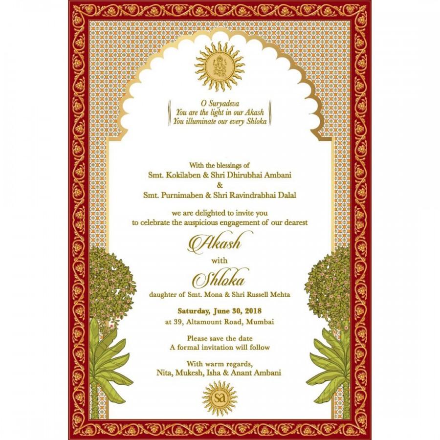 Business tycoon and Reliance Industries Chairman Mukesh Ambani and Nita Ambani's Akash Ambani and Shloka Mehta is set to take place on 30th June at Ambani residence in Mumbai. Shloka, youngest of the three Mehta childrens, is director of Rosy Blue Foundation and the co-founder of ConnectFor, an organisation that matches volunteers with NGOs that need them. Shloka's elder sister Diya recently married business tycoon Amit Jaiya's (of Hardcastle Restaurants) son Ayush Jatia. Akash currently heads strategy at Jio, Reliance Industry's 4G service provider. According to reports, the wedding is planned for December 2018. Mukesh Ambani-Nita Ambani,Mukesh Ambani,Nita Ambani,Akash Ambani,Akash Ambani engagement card,Akash Ambani Invitation card,Akash Ambani wedding card,Shloka Mehta,Shloka Mehta Engagement Invitation