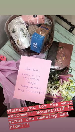 Kriti Sanon received a warm welcome from the Housefull family as she is all set to begin shooting for the fourth installment of the comedy franchise. The actress who made her debut with Sajid Nadiadwala's Heropanti is all set to collaborate with her mentor for her upcoming Housefull 4. Kriti Sanon was welcomed by Nadiadwala Grandson Entertainment with a basket of goodies and a handwritten note. The note read, "Dear Kriti, Welcome to the crazy world of Housefull Looking forward to having 4 times the fun!" The actress took to Instagram to share a picture of the same. Kriti expressed her gratitude saying, "Thank you for the warm welcome!! Housefull4 is gonna be one amazing mad ride!!!" Kriti who made her debut as Dimpy in Sajid Nadiadwala's Heropanti was welcomed by Nadiadwala Grandson Entertainment saying, "Our Dimpy is back!! Kriti Sanon,actress Kriti Sanon,Housefull family,Housefull,Kriti Sanon receives a warm welcome