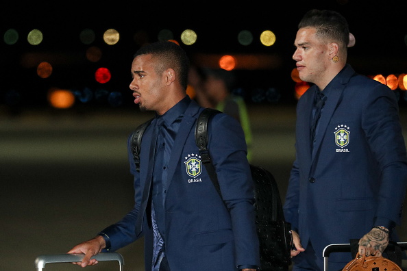 Gabriel Jesus (L) of the Brazilian men's national football team seen during a welcome ceremony at Sochi International Airport as the team arrives for the 2018 FIFA World Cup. 2018 FIFA World Cup,FIFA World Cup,FIFA World Cup 2018,FIFA World Cup Russia,Team Brazil,Brazil Team,Brazil arrives in Russia,Brazil team arrives in Russia