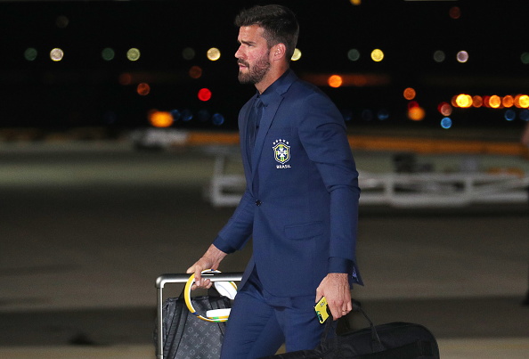 Goalkeeper Alisson of the Brazilian men's national football team seen during a welcome ceremony at Sochi International Airport as the team arrives for the 2018 FIFA World Cup. 2018 FIFA World Cup,FIFA World Cup,FIFA World Cup 2018,FIFA World Cup Russia,Team Brazil,Brazil Team,Brazil arrives in Russia,Brazil team arrives in Russia