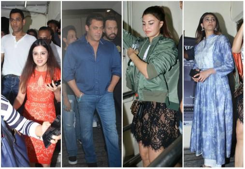 Bollywood movie Race 3 witness a bucket full of stars at the special screening which held last evening in Mumbai. The makers held a screening of Race 3 for close friends and family members in the city. From Left to right Dhoni, Salman Khan, Jacqueline Fernandez and Daisy Shah graced the event. Check out the above slideshow to see the photos of celebs like Sakshi Dhoni, Remo D'Souza, Huma Qureshi, Anil Kapoor, Sohail Khan with son Yohan Khan and wife Seema Khan, Seema Khan, Saqib Saleem, Ramesh Taurani, Sajid Nadiadwala, Nirvaan Khan, Kumar Taurani, Girish Kumar, Freddy Daruwala, David Dhawan, Bobby Deol, Arhaan Khan, Ali Abbas Zafar and others who were also seen at the special screening.