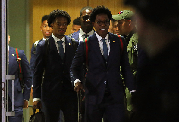 Colombian footballers Juan Cuadrado (L) and Carlos Sanchez walk upon arrival at Kazan airport, on June 12, 2018 ahead of the FIFA World Cup 2018. 2018 FIFA World Cup,FIFA World Cup,FIFA World Cup 2018,Colombian team,Colombian team in Russia,Colombian football team