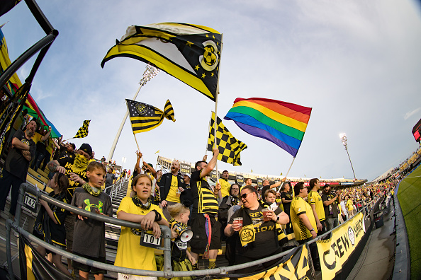 Fans cheer before the MLS regular season game between the Columbus Crew SC and the Atlanta United FC on June 13, 2018 at Mapfre Stadium in Columbus, OH. Football fans,Football fans in Russia,Russia,World Cup kick-off,FIFA World Cup 2018,World Cup,FIFA World Cup opening,Ronaldo Fifa World Cup opening ceremony