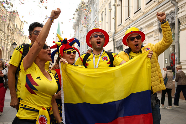 Fans of Columbia congregate on Nikolskaya Street a pedestrian street in Kitay-Gorod in Moscow on June 13, 2018 in Moscow, Russia. Football fans,Football fans in Russia,Russia,World Cup kick-off,FIFA World Cup 2018,World Cup,FIFA World Cup opening,Ronaldo Fifa World Cup opening ceremony