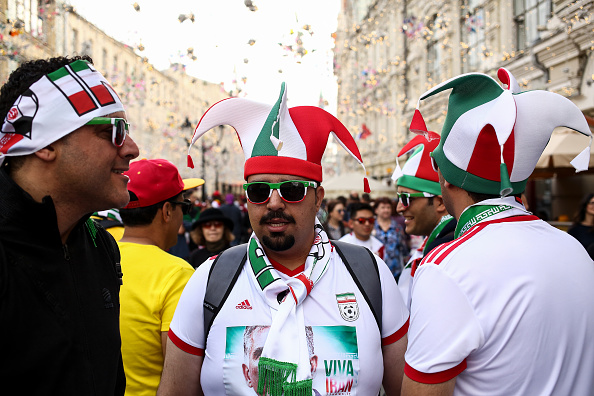 Fans of IR Iran congregate on Nikolskaya Street a pedestrian street in Kitay-Gorod in Moscow on June 13, 2018 in Moscow, Russia. Football fans,Football fans in Russia,Russia,World Cup kick-off,FIFA World Cup 2018,World Cup,FIFA World Cup opening,Ronaldo Fifa World Cup opening ceremony