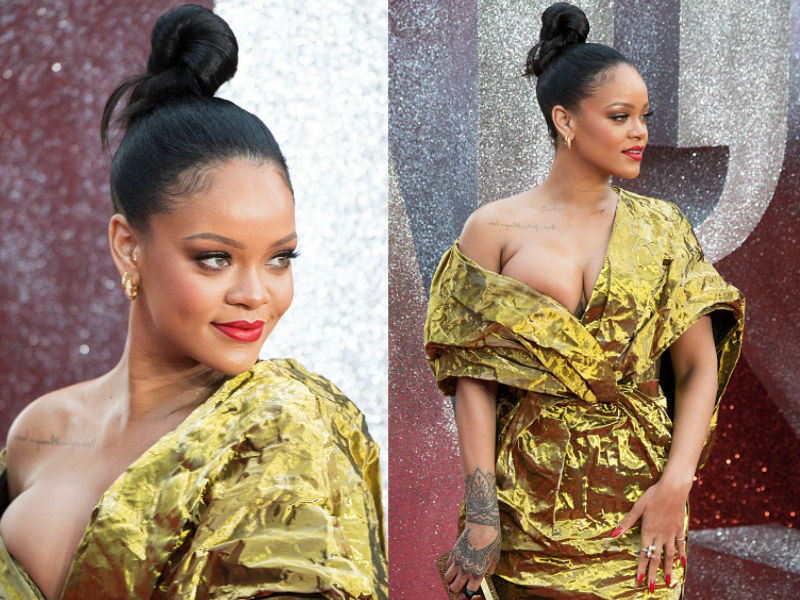The film, directed by Gary Ross, also features Sandra Bullock, Cate Blanchett, Mindy Kaling, Sarah Paulson, Awkwafina, Rihanna and Helena Bonham Carter. Singer Rihanna,Rihanna curves,Rihanna wardrobe malfunction,Rihanna wardrobe malfunction pics,Rihanna wardrobe malfunction images,Rihanna wardrobe malfunction stills,Rihanna at Ocean 8 premiere