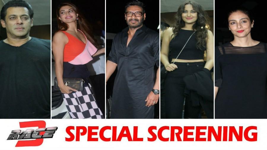Bollywood movie Race 3 witness a bucket full of stars at the special screening which held last night in Mumbai. The makers held a screening of Race 3 for close friends and family members in the city. From Left to right Salman Khan, Jacqueline Fernandez, Ajay Devgn, Sonakshi Sinha and Tabu graced the event. Check out the above slideshow to see the photos of celebs like Amit Sadh, Anil Kapoor, Arpita Khan, Alvira Khan Agnihotri, Atul Agnihotri, Bobby Deol, Daisy Shah, Huma Qureshi, Iulia Vantur, Kartik Aaryan, Mouni Roy, Pooja Hegde, Saqib Saleem, Shreyas Talpade, Varun Dhawan, Sonia Kapoor, Himesh Reshammiya, Suniel Shetty, Athiya Shetty, Urvashi Rautela, Warina Hussain, Aayush Sharma and others who were also seen at the special screening. Ajay Devgn,Sonakshi Sinha,Tabu,Iulia Vantur,Salman Khan,Race 3,Race 3 special screening,celebs at Race 3 special screening,Race 3 special screening pics,Race 3 special screening images,Race 3 special screening stills,Race 3 special screening pictures