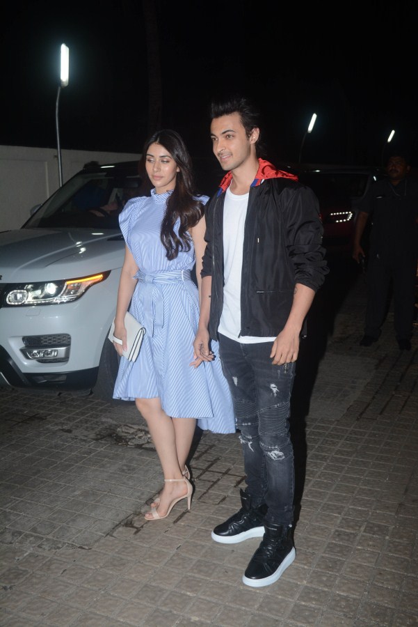 Warina Hussain and Aayush Sharma pose together during Race 3 special screening in Mumbai. Ajay Devgn,Sonakshi Sinha,Tabu,Iulia Vantur,Salman Khan,Race 3,Race 3 special screening,celebs at Race 3 special screening,Race 3 special screening pics,Race 3 special screening images,Race 3 special screening stills,Race 3 special screening pictures