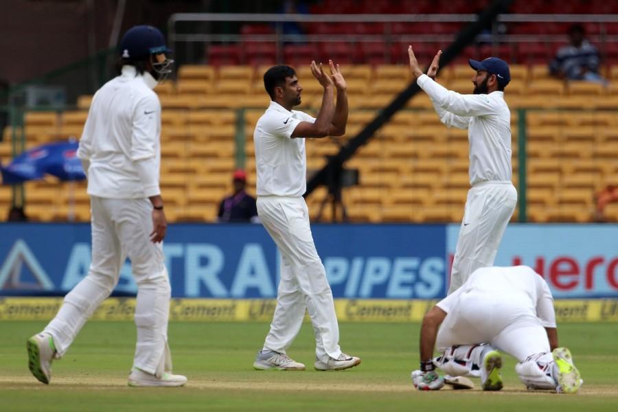 Jadeja then came back to pack Mujeeb Ur Rahman (3) while last man Wafadar fell for a duck to offie Ravichandran Ashwin, giving India a handsome win within two days. Earlier, in the first innings, star off-spinner Ravichandran Ashwin led from the front with four wickets to bowl Afghanistan out for a meagre 109, the lowest total at the Chinnaswamy Stadium. Ashwin was well supported by Jadeja and Ishant, who picked up two wickets each to dismiss the visitors inside the second session. India beats Afghanistan,India vs Afghanistan,India vs Afghanistan Test,India vs Afghanistan test match,Ravichandran Ashwin