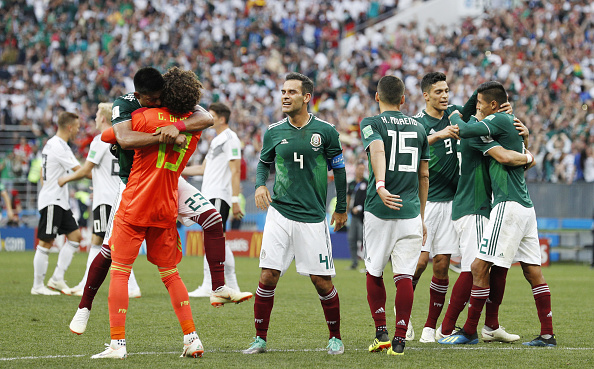 Mexico football players celebrate a 1-0 victory over Germany in a World Cup group stage match at the Luzhniki Stadium in Moscow, Russia on June 17, 2018. Mexico beats Germany,Mexico trash Germany,2018 FIFA World Cup,FIFA World Cup,FIFA World Cup 2018,Luzhniki Stadium