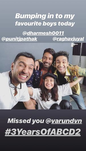 Bollywood actress Shraddha Kapoor, who garnered praises with her graceful dancing skills in ABCD 2, took to social media as the film clocks 3 years today. Shraddha Kapoor's ABCD 2 completes 3 years today, celebrating the same, the actress took to social media to post a throwback picture of the cast. Interestingly, the actress also reunited with her ABCD 2 team on the third anniversary of her film. Shraddha Kapoor took to Instagram to share a picture with her ABCD 2 co-stars Punit Pathak, Dharmesh and Raghav Juyal. Shradhha Kapoor took to Instagram sharing, "Bumping into my favorite boys today. Missed you @Varundvn". Sharing screen space with Varun Dhawan for the first time, ABCD 2 recorded highest box office collection of Shraddha Kapoor minting over 100 crores at the box office. The dance film also turned out to be the second highest opener for Shraddha Kapoor after the super-hit Ek Villain. Shraddha Kapoor,actress Shraddha Kapoor,Shraddha Kapoor ABCD 2,ABCD 2,ABCD 2 3 years,Shraddha Kapoor new movie,Shraddha Kapoor new film