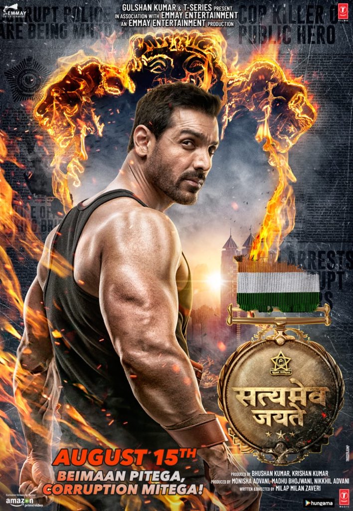The makers have dropped the first look poster of 'Satyameva Jayate' featuring John Abraham and, to say the least, he looks ruggedly handsome on it. Shared by Abraham himself on Twitter, the poster has a patriotic theme to it. While sharing the look, he wrote, "This Independence Day, Justice will roar! #SatyamevaJayateOn15Aug @zmilap @BajpayeeManoj @SMJFilm @TSeries @EmmayEntertain @nikkhiladvani #BhushanKumar @aishasharma25." The cop drama will also have Manoj Bajpayee in a pivotal role. Written and directed by Milap Milan Zaveri of 'Kaante' fame, the film is scheduled to hit the theaters on August 15. John Abraham,actor John Abraham,Satyameva Jayate poster,Satyameva Jayate poster poster,Satyameva Jayate poster first look,Satyameva Jayate movie poster,Satyameva Jayate,Satyameva Jayate pics,Satyameva Jayate images