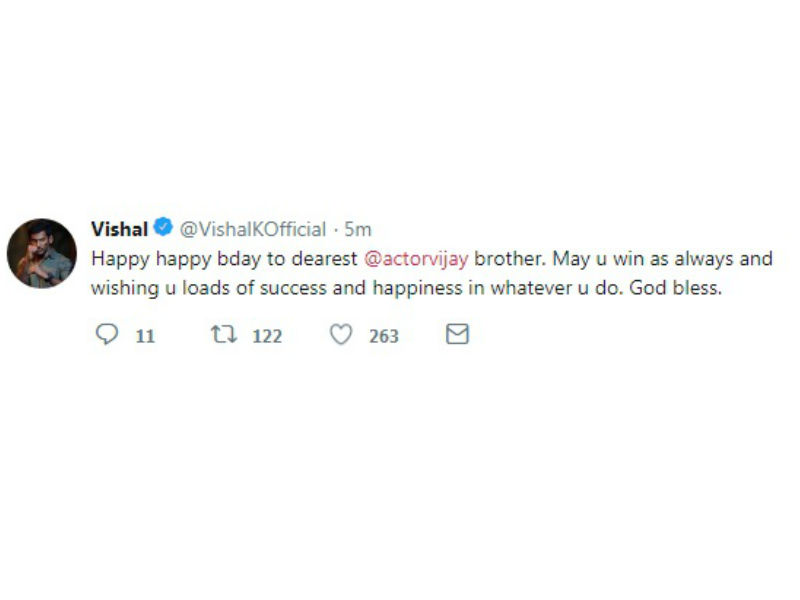 Actor Vishal posted: Happy happy bday to dearest @actorvijay brother. May u win as always and wishing u loads of success and happiness in whatever u do. God bless. Thalapathy Vijay,Thalapathy Vijay birthday,vijay birthday,Sivakarthikeyan,Dhanush,Vishal,Raai Laxmi,Vijay birthday pics,Vijay birthday images,Vijay birthday images stills,Vijay birthday images pictures