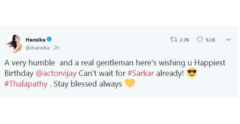 Hansika Motwani posted: A very humble and a real gentleman here's wishing u Happiest Birthday @actorvijay Can't wait for #Sarkar already! ???? #Thalapathy . Stay blessed always. Thalapathy Vijay,Thalapathy Vijay birthday,vijay birthday,Sivakarthikeyan,Dhanush,Vishal,Raai Laxmi,Vijay birthday pics,Vijay birthday images,Vijay birthday images stills,Vijay birthday images pictures