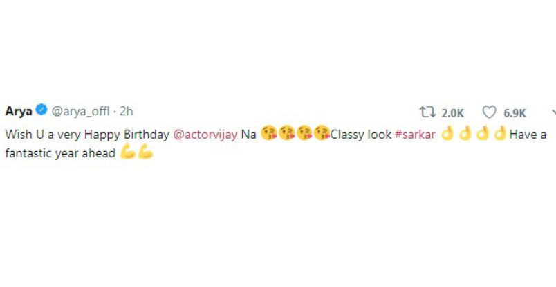 Arya posted: Wish U a very Happy Birthday @actorvijay Na ????????????????Classy look #sarkar ????????????????Have a fantastic year ahead ???????? Thalapathy Vijay,Thalapathy Vijay birthday,vijay birthday,Sivakarthikeyan,Dhanush,Vishal,Raai Laxmi,Vijay birthday pics,Vijay birthday images,Vijay birthday images stills,Vijay birthday images pictures