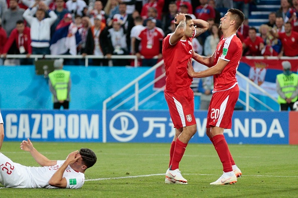 Aleksandar Mitrovic of Serbia and Sergej Milinkovic-Savic of Serbia in action during the 2018 FIFA World Cup Russia group E match between Serbia and Switzerland at the Kaliningrad Stadium in Kaliningrad, Russia, on June 22, 2018. Switzerland beat Serbia,Switzerland vs Serbia,Switzerland beat Serbia by 2-1,FIFA World Cup,FIFA World Cup 2018,Group E clash,Kaliningrad Stadium